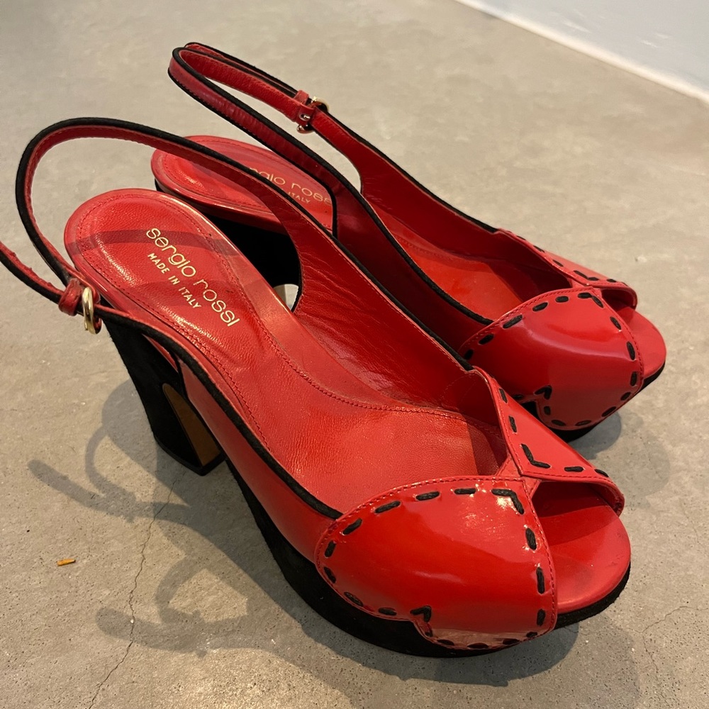 Sergio Rossi Red Hearts Leather Platform Block Heel
